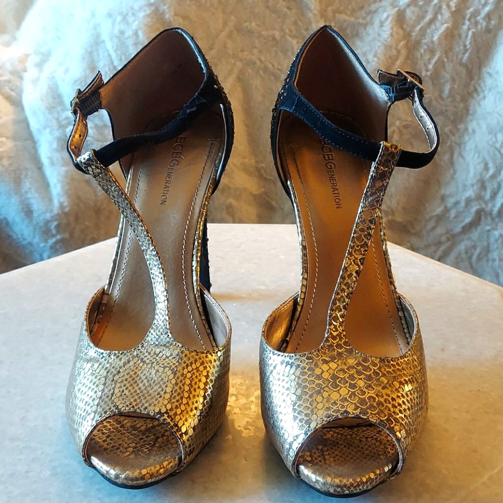 BCBG Gold and Black Studded Pumps